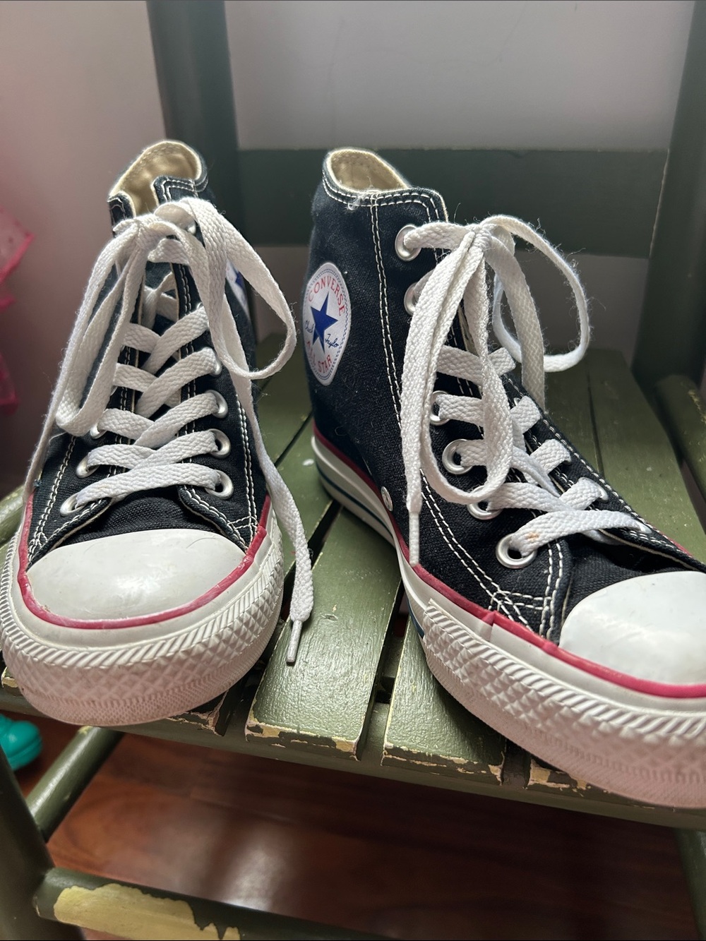 Converse Black High Top Sneakers with White Laces and Red Trim